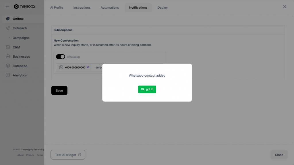 Enabling Neexa WhatsApp Notifications