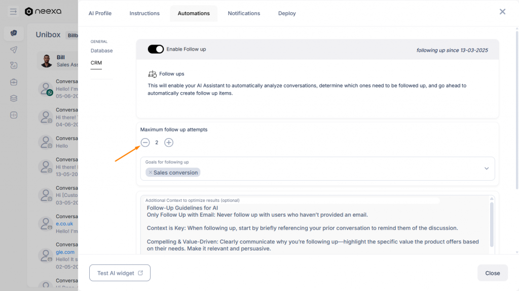 setting maximum follow ups in Neexa