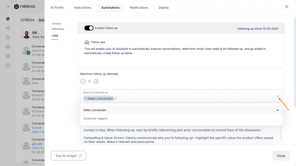 Selecting follow up goal in Neexa CRM