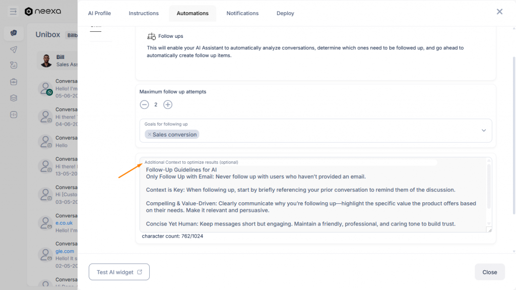 Adding follow up context in Neexa CRM