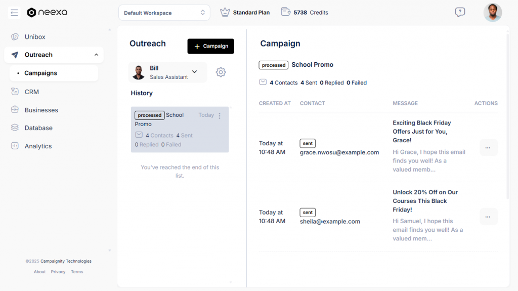 Campaign tab in Neexa