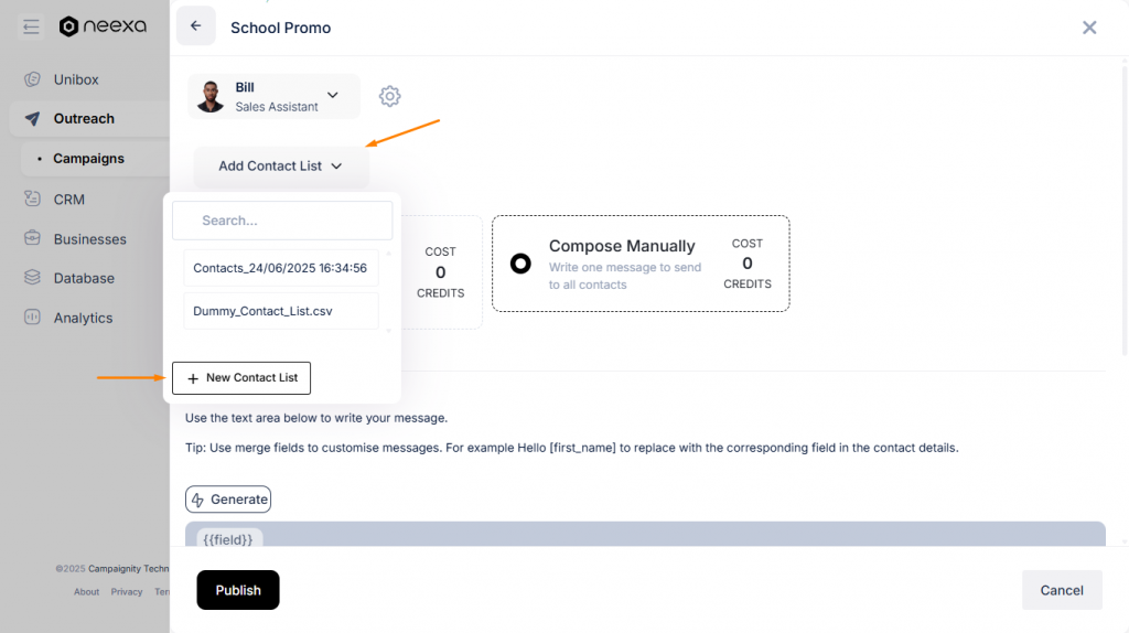 Adding contact list to Neexa outreach campaigns