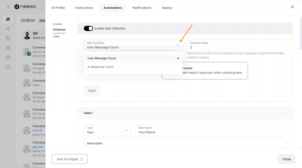 Setting conditions in Neexa database
