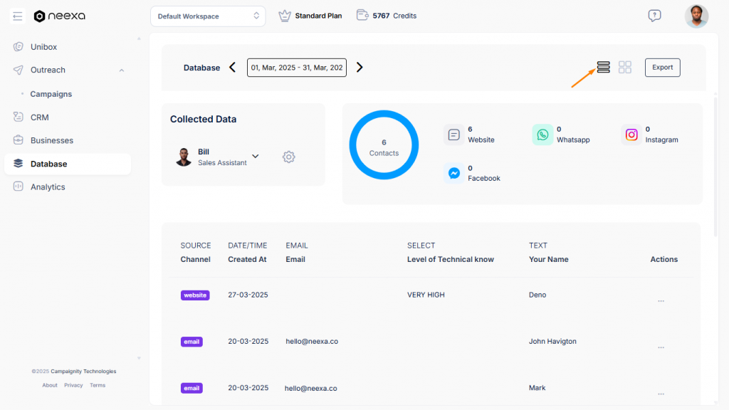 List view in Neexa Database