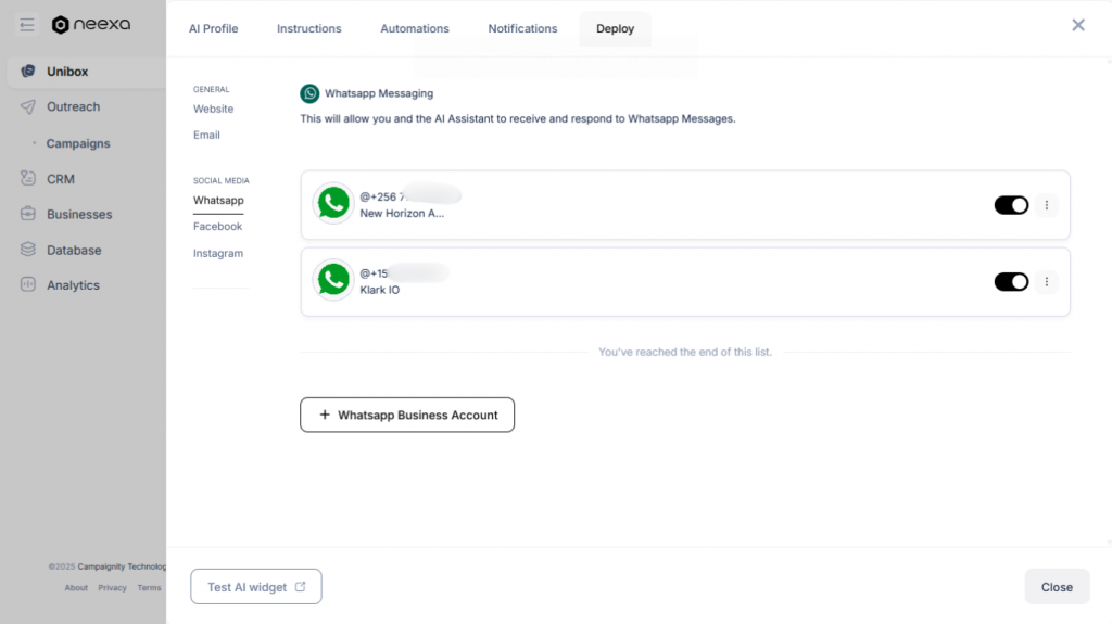 How to connect WhatsApp business account to Neexa