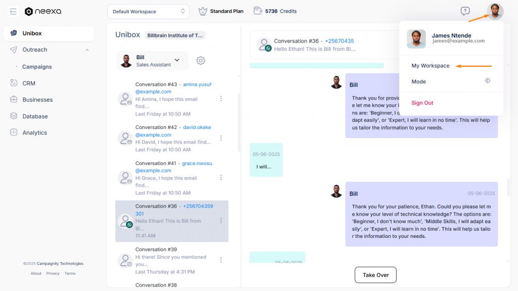 Finding workspace in Neexa