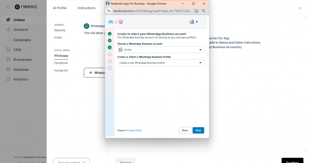 How to connect WhatsApp business account to Neexa