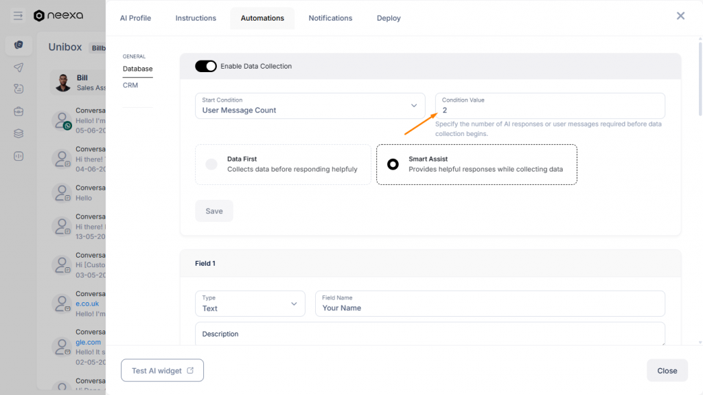 Setting data collection condition value in Neexa