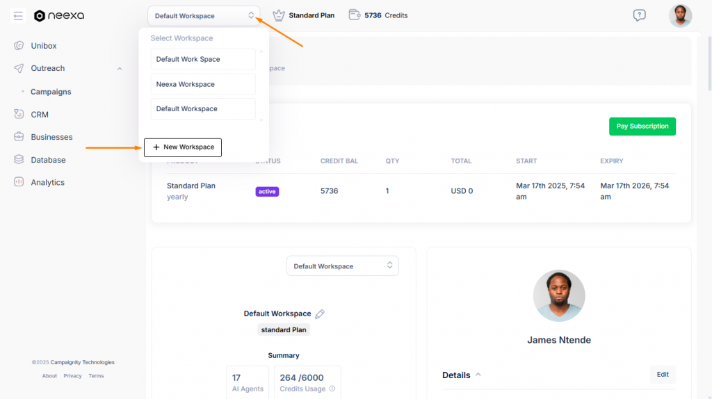 Creating new workspace in Neexa