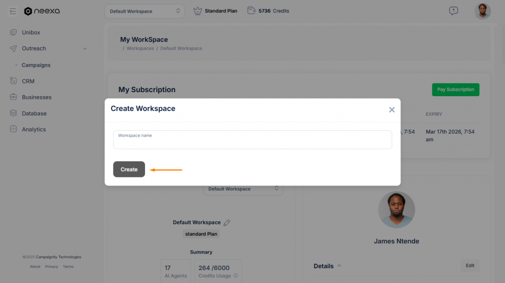 Creating new workspace in Neexa