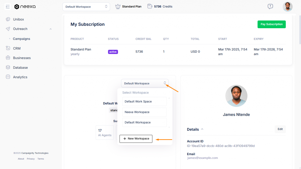 Creating new workspace in Neexa