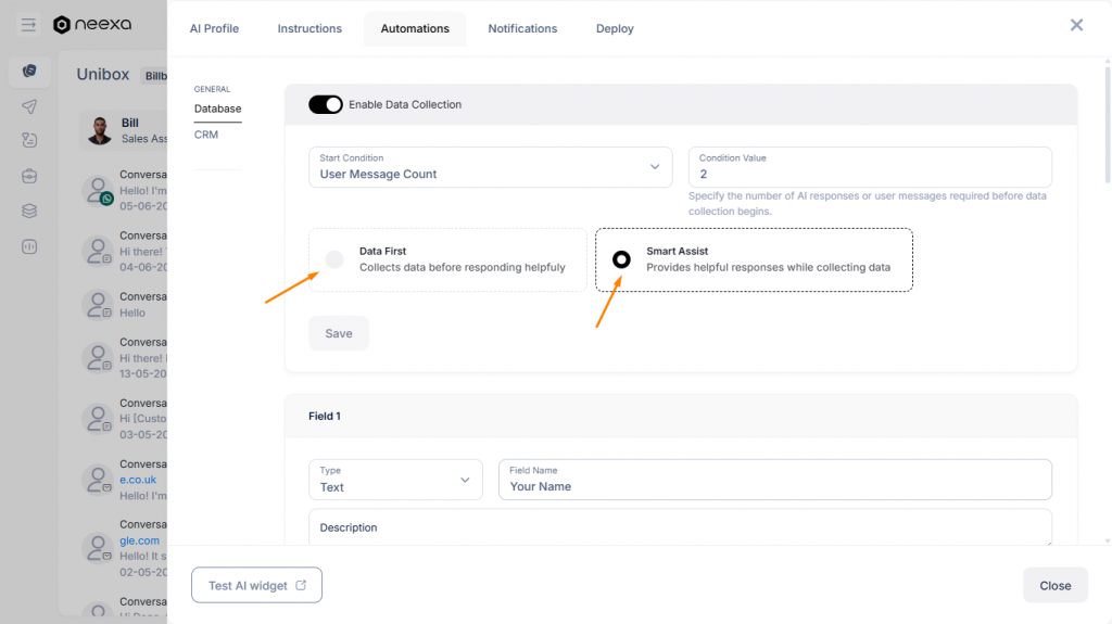 Choosing data first or smart assist for data collection in Neexa 
