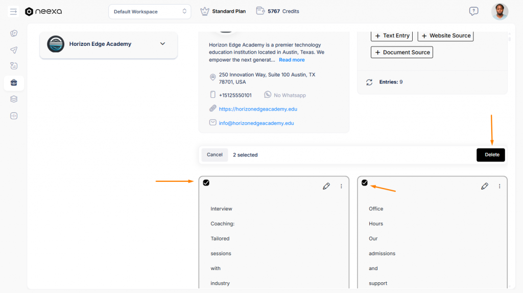 Deleting Neexa Business entries