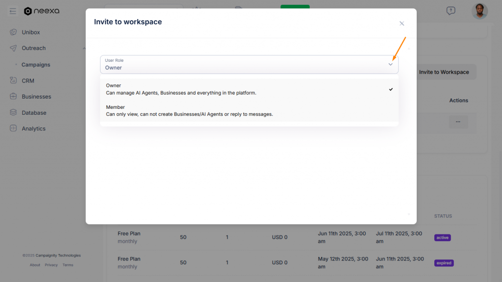 Inviting team member to workspace
