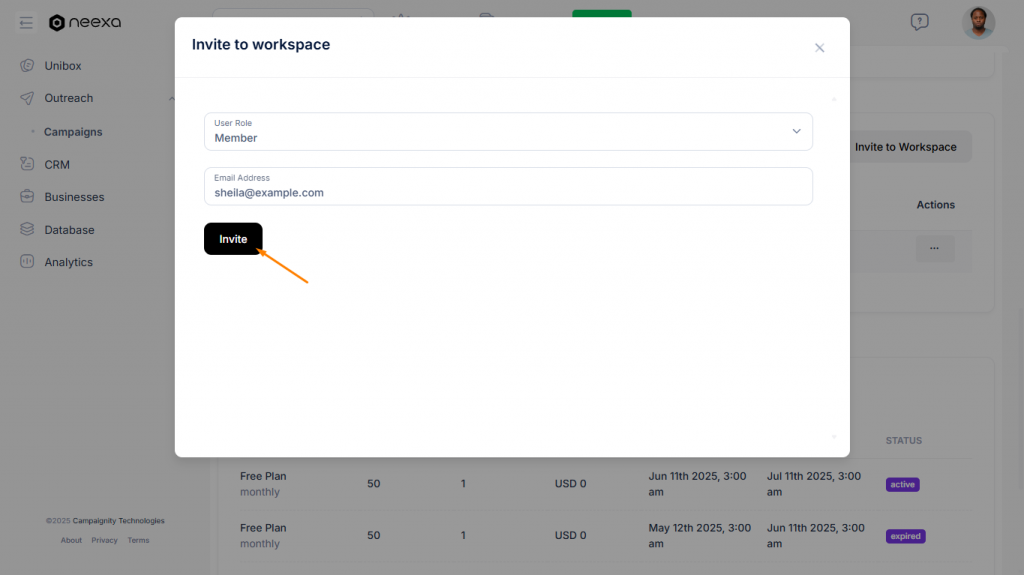Inviting team member to Neexa Workspace