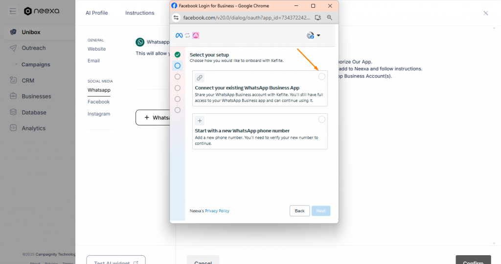 How to connect WhatsApp business account to Neexa