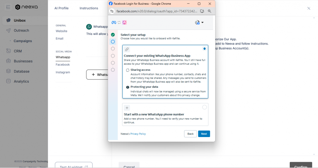 How to connect WhatsApp business account to Neexa