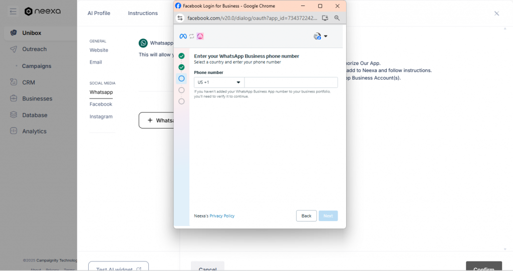 How to connect WhatsApp business account to Neexa