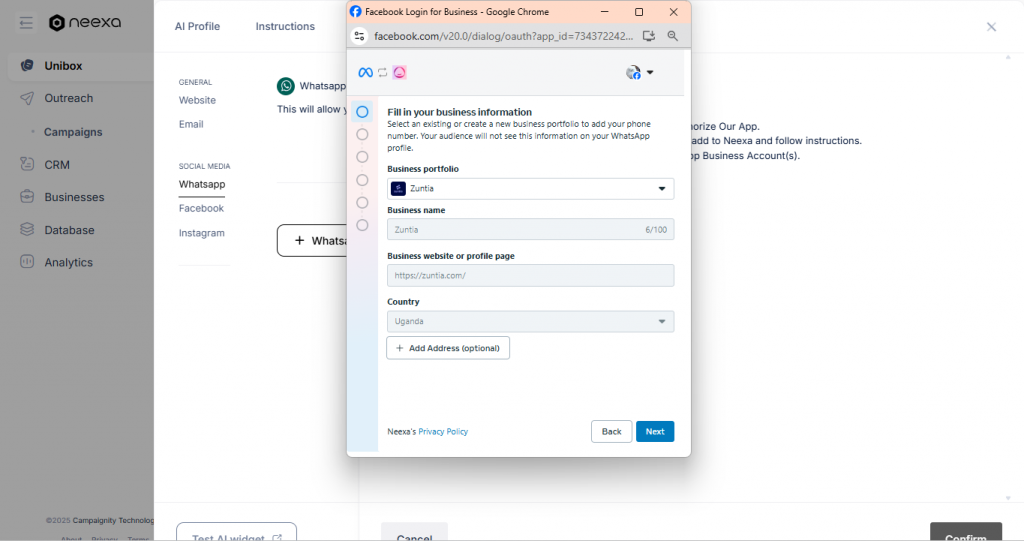 How to connect WhatsApp business account to Neexa